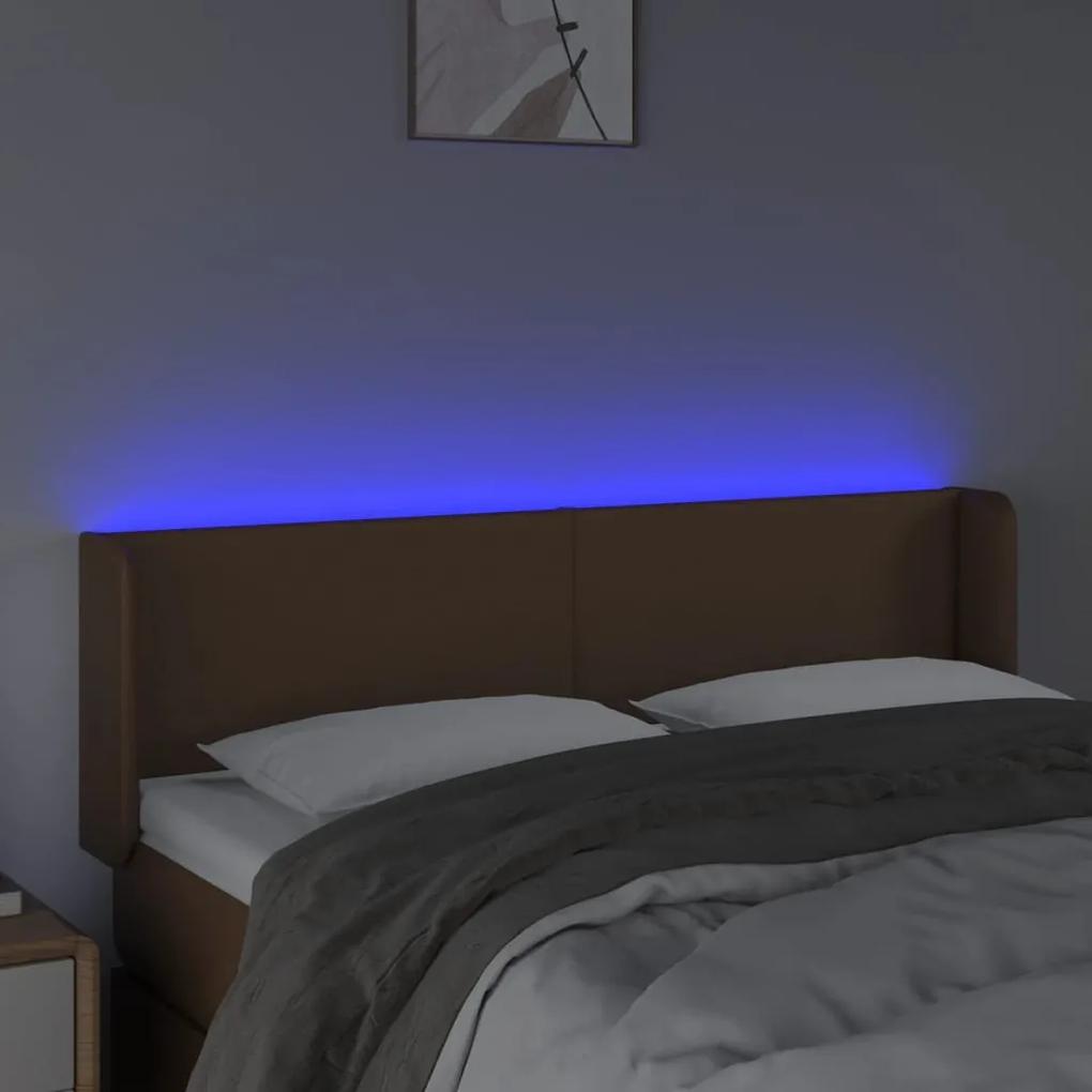Tablie de pat cu LED, maro, 147x16x78 88 cm, piele ecologica 1, Maro, 147 x 16 x 78 88 cm