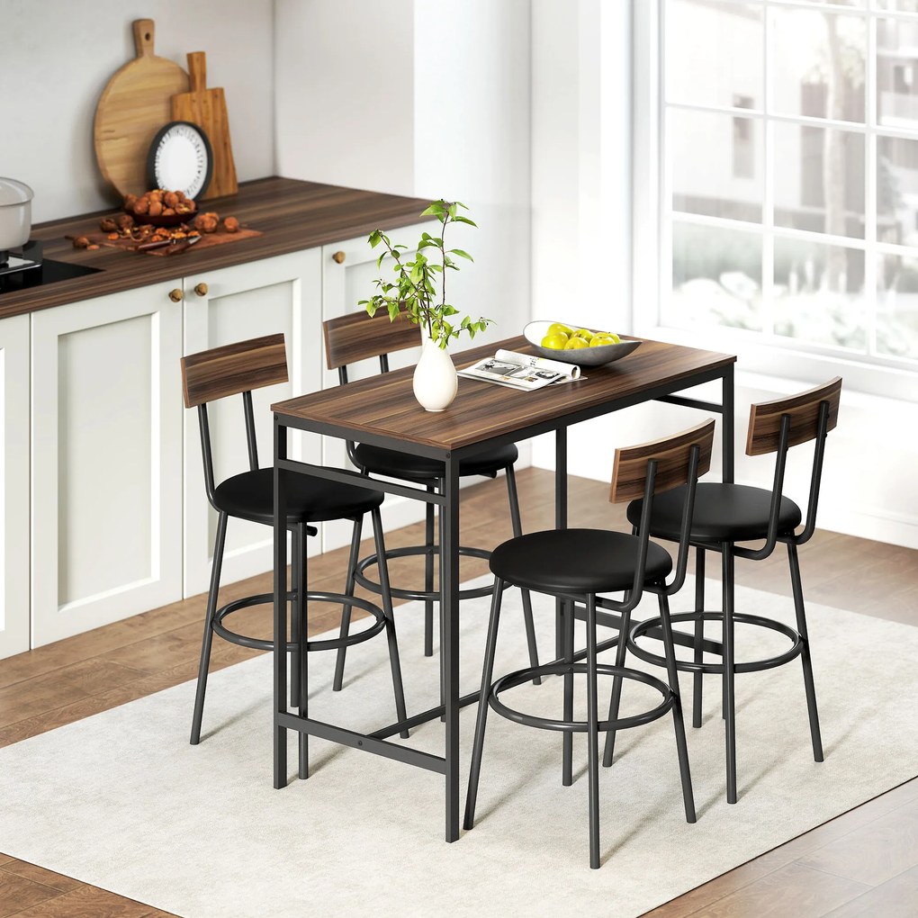 HOMCOM Set masă de bar 5 piese cu 4 scaune, design industrial, pentru bucătărie, sufragerie, lemn, oțel, maro | Aosom Romania