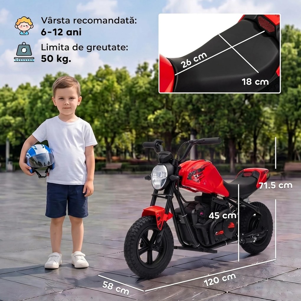 AIYAPLAY Motocicletă electrică de cross pentru copii, stil Harley, 24V, 6-12 ani, anvelope din cauciuc 30 cm, roșie | Aosom Romania