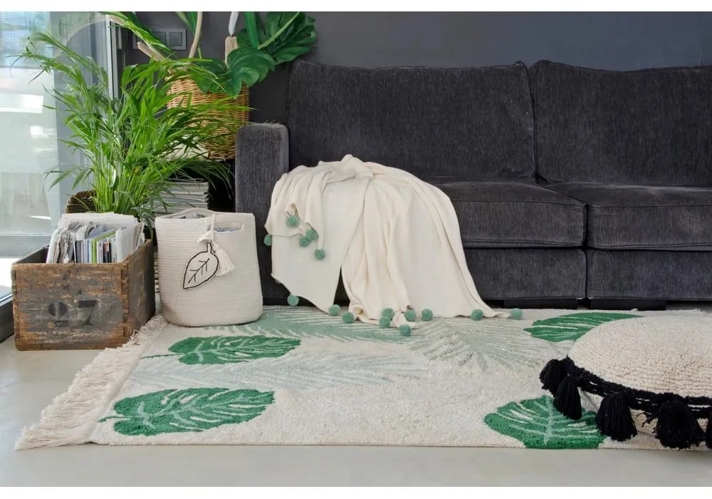 Covor pentru copii verde/crem lavabil/țesut manual din bumbac 140x200 cm Tropical Green – Lorena Canals