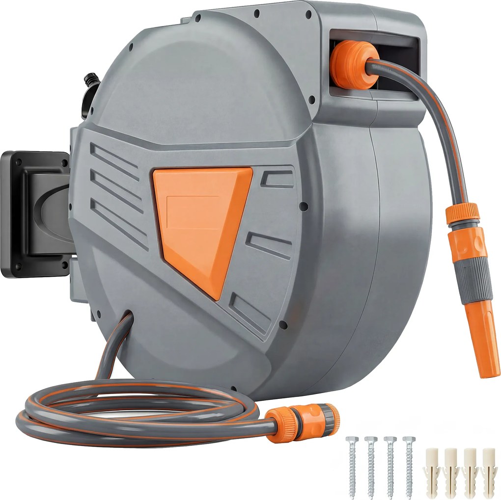 Outsunny Bobină furtun retractabil 20+1,6 m cu duză 2 moduri, blocare automată, retragere controlată, suport, Portocaliu | Aosom Romania