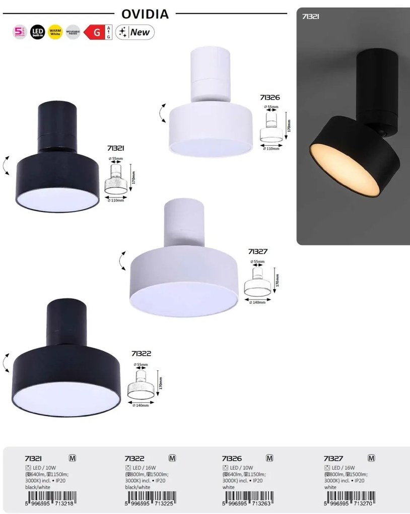Plafoniera LED tip spot aplicat din metal negru reglabila Ovidia D-11cm