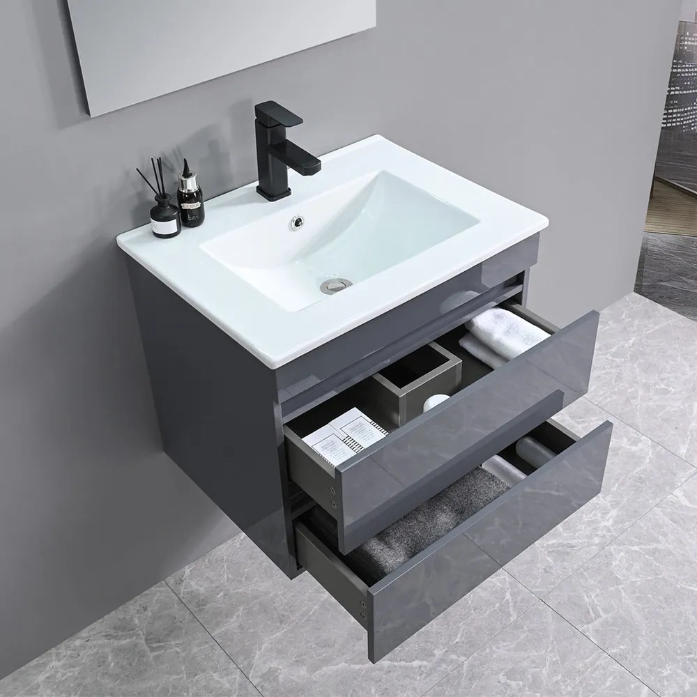 Mobilier de baie Cube, chiuvetă ceramică 60 cm, oglindă cu 2 sertare, 60x80 cm, gri antracit