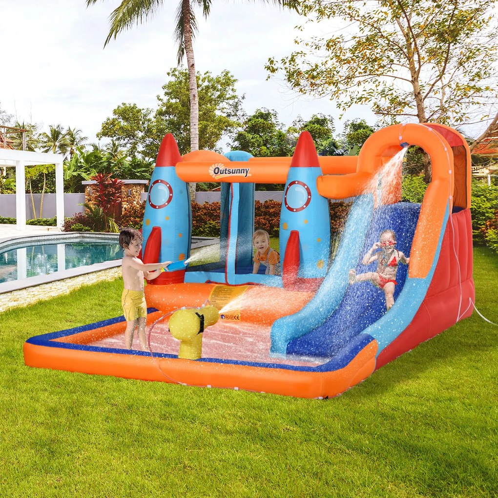 Outsunny Castel Gonflabil pentru Copii Piscina cu Tobogan si Trambulina, Pompa Electrica, 370x270x185cm, Multicolor | Aosom Romania