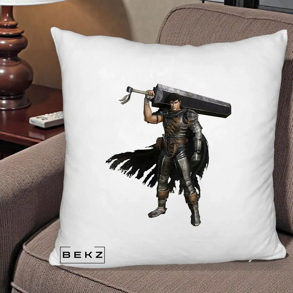 Perna Personalizata Berserk Guts Luptatorul Negru, 40x40 cm, Alb Pufos, Husa Detasabila, Perna Inclusa, BEKZ®