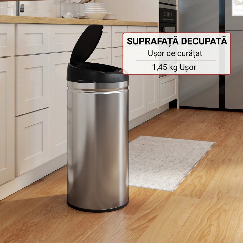 Coș de gunoi HOMCOM de 42L cu Senzor de Mișcare și Deschidere Automată, din Oțel Inoxidabil și ABS, 30.5x30.5x68 cm, Negru și Argintiu | Aosom Romania