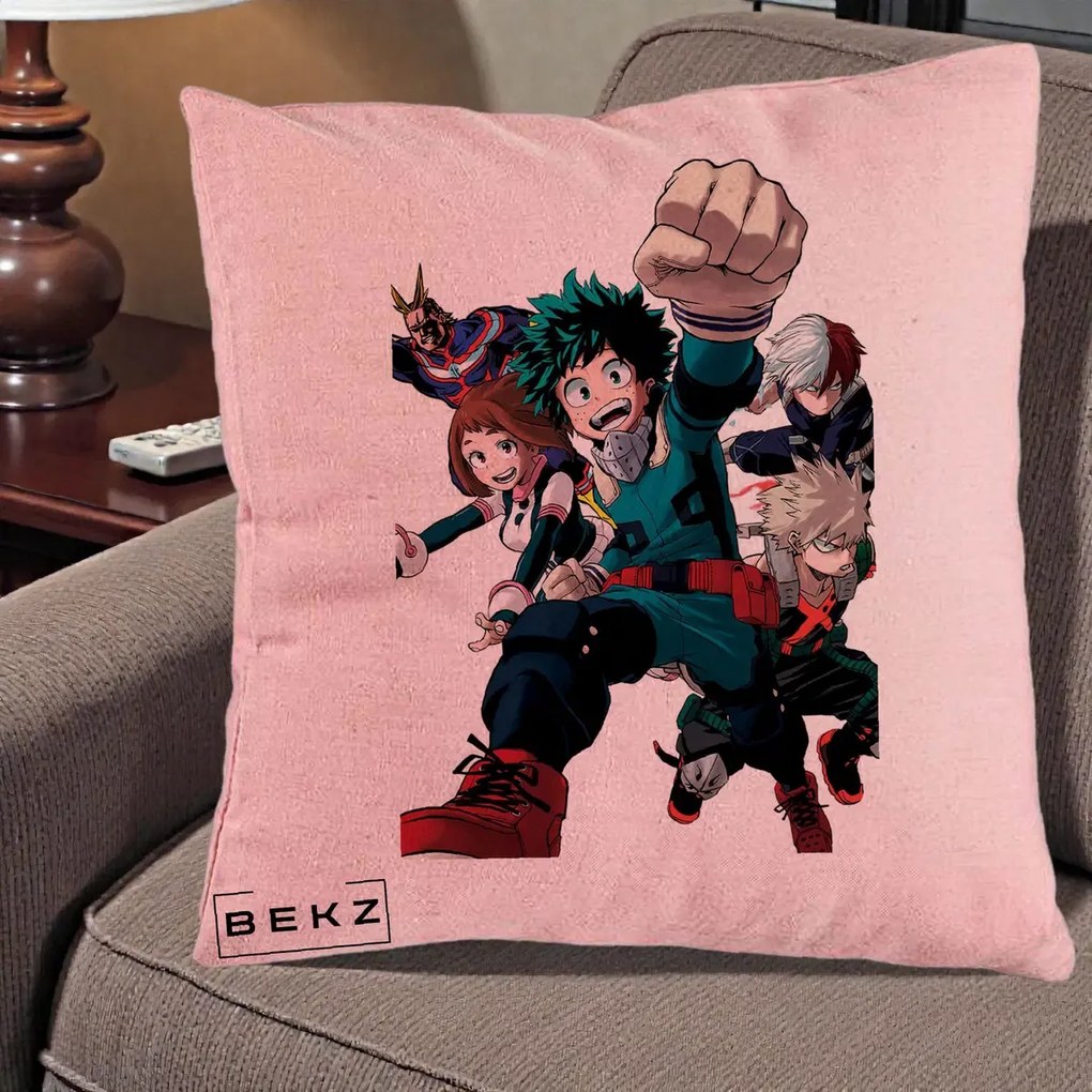 Perna Personalizata My Hero Academia Izuku Deku si Echipa, 40x40 cm, Roz, Husa Detasabila, Perna Inclusa, BEKZ®