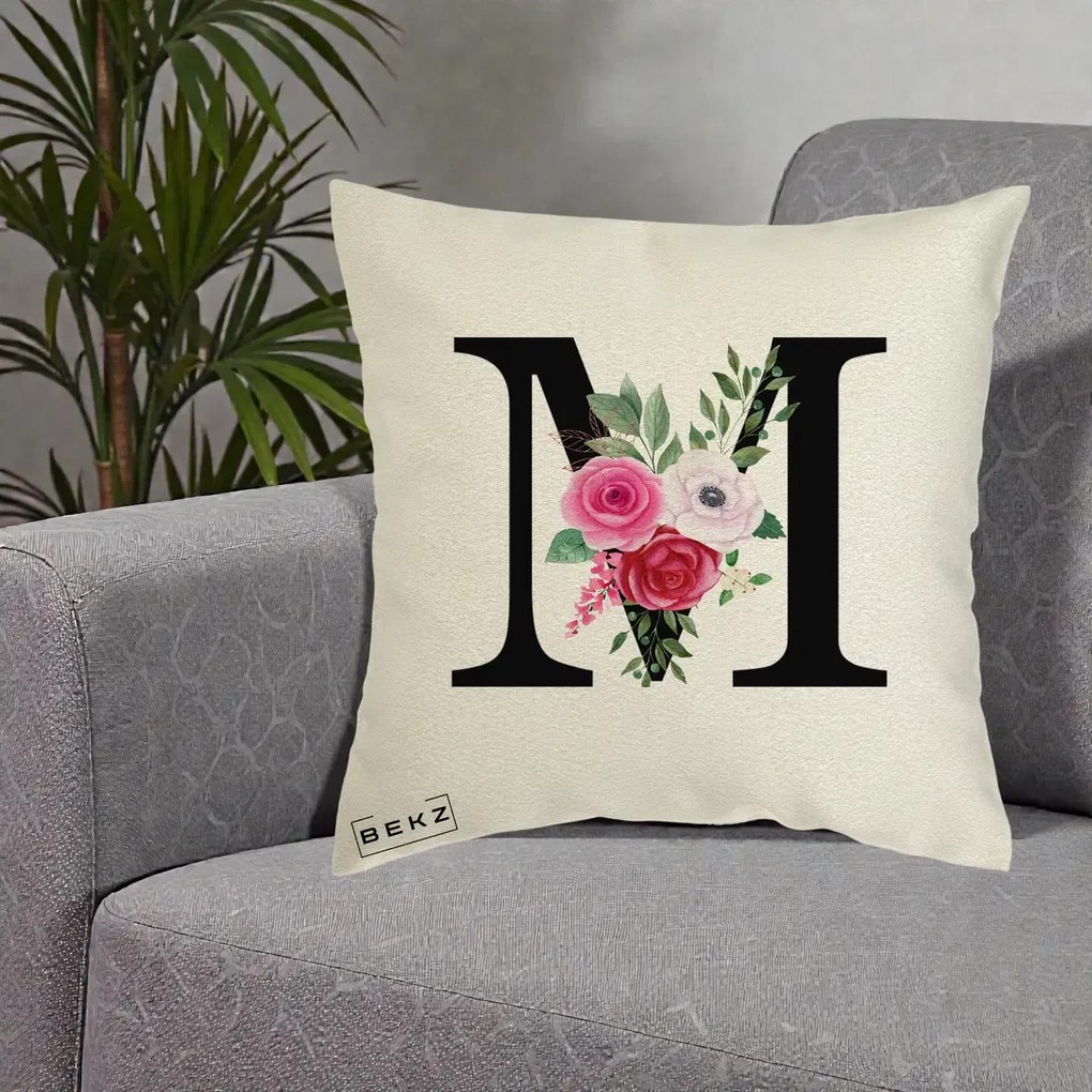 Cadou Personalizat - Perna Personalizata Monograma Florala Litera M cu Trandafiri si Anemona, 40x40 cm, Ecru, Husa Detasabila, Perna Inclusa, BEKZ®