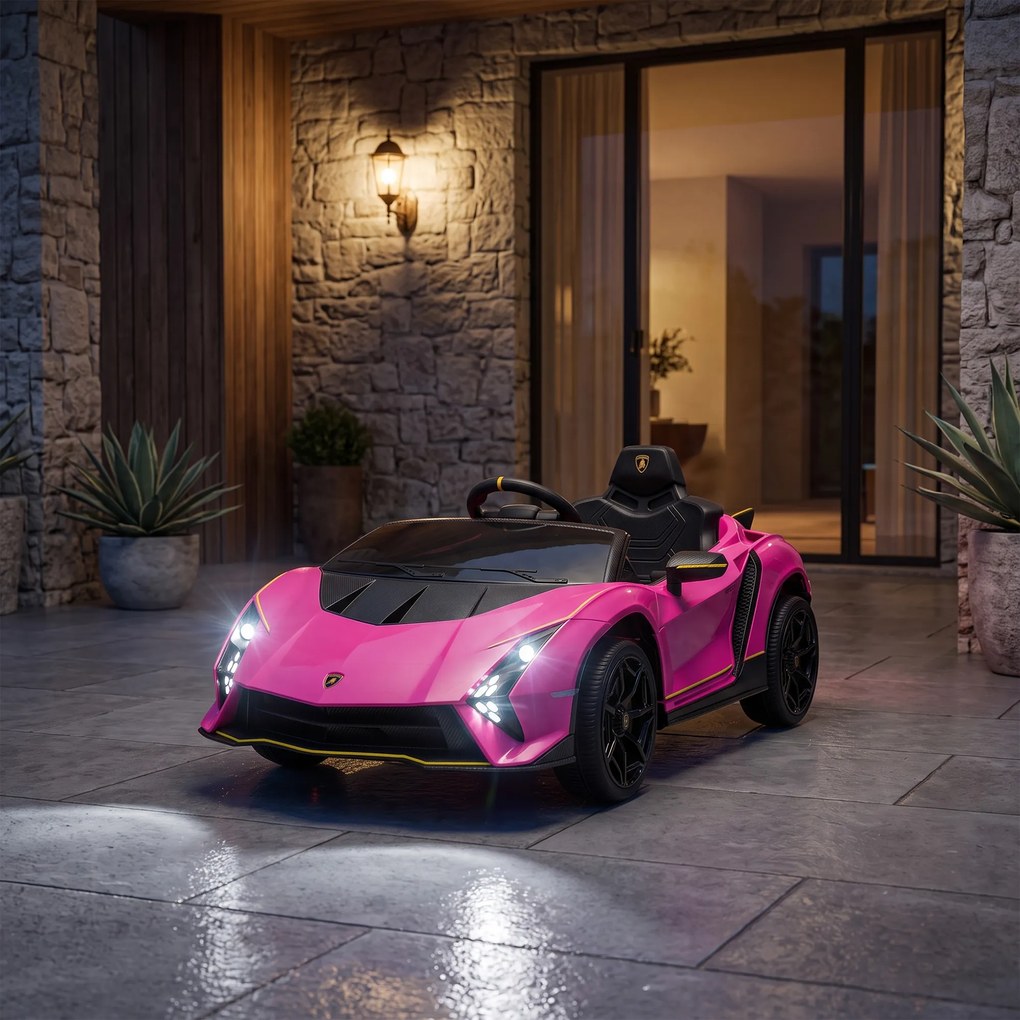 AIYAPLAY Mașină Electrică pentru Copii 3-6 Ani 12V Lamborghini Autentica, 2 Motoare, Uși Tip Foarfecă, Suspensii, Roz | Aosom Romania