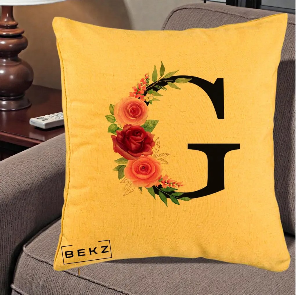 Cadou Personalizat - Perna Personalizata Monograma Florala Litera G, 40x40 cm, Galben, Husa Detasabila, Perna Inclusa, BEKZ®