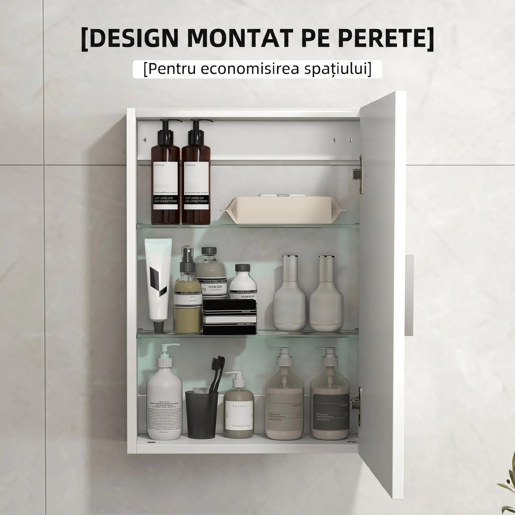 HOMCOM Dulap de Perete pentru Baie cu Rafturi Reglabile din Sticlă Securizată, 40x15x55 cm, Alb lucios | Aosom Romania