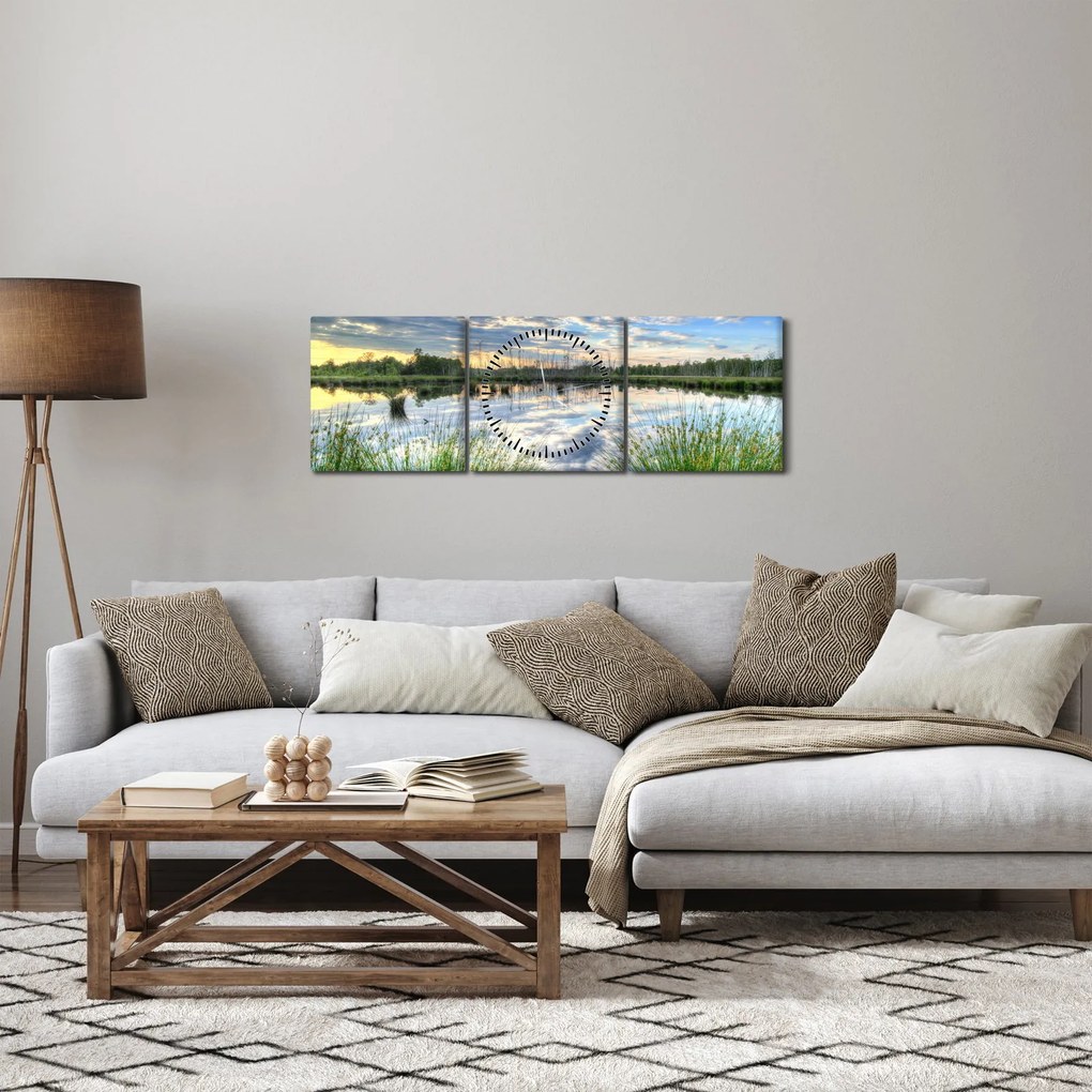 Tablou cu lac și trestie (cu ceas) (90x30 cm)