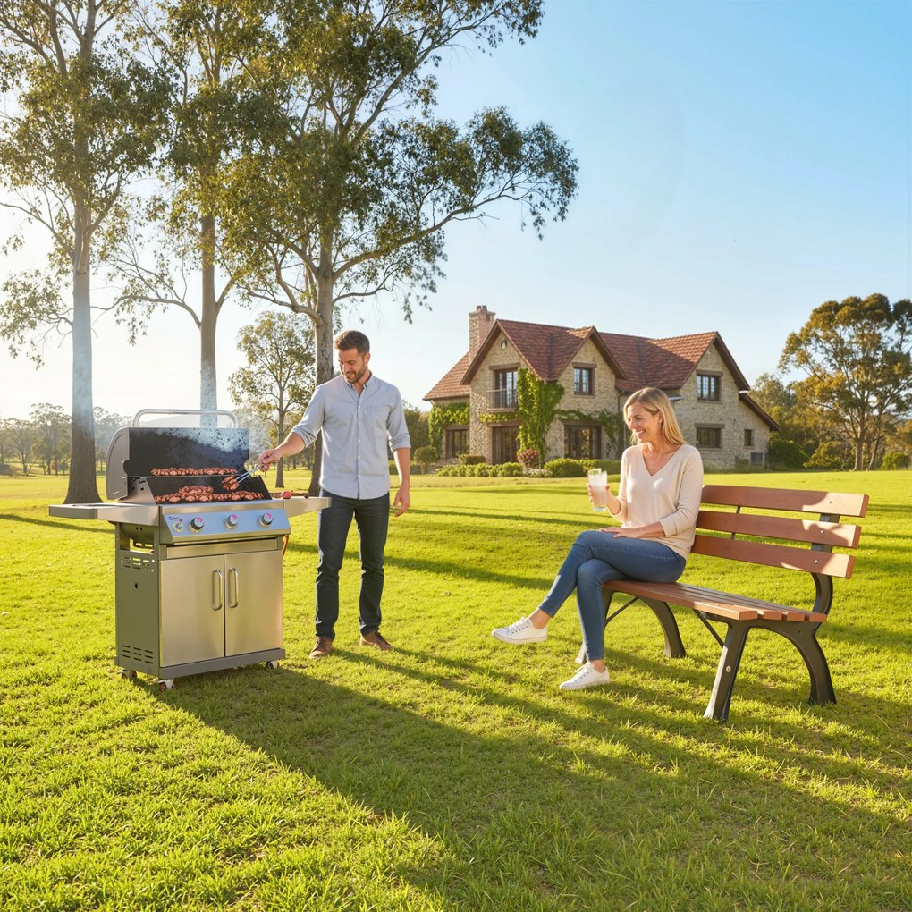 Outsunny Bancă cu 2 locuri, pentru grădină și terasă, fontă de aluminiu + lemn natural, 120 x 57 x 70 cm, Maro | Aosom Romania