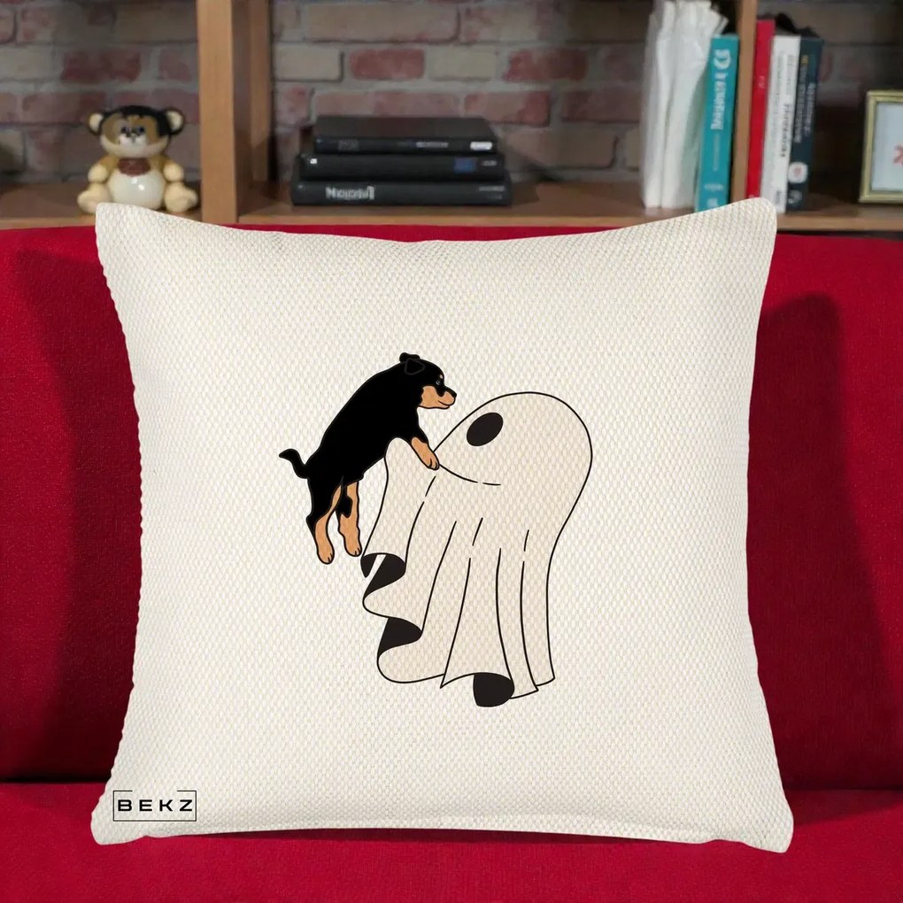 Perna Decorativa Caine Rottweiler Fantoma Halloween, 40x40 cm, Crem Reliefat, Husa Detasabila, Perna Inclusa, BEKZ®