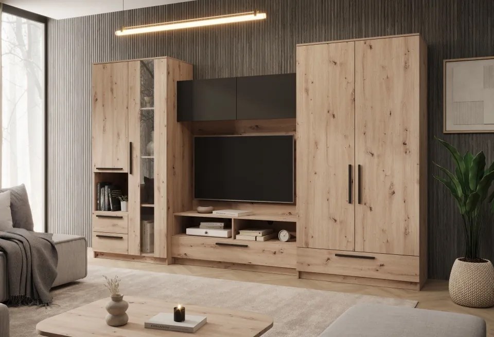Mobilier living Male – 320x50x200 cm – Stejar Artisan / Negru