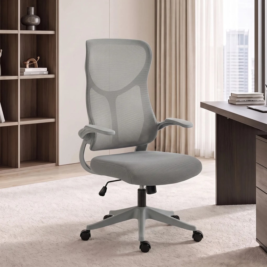 HOMCOM Scaun de birou ergonomic rotativ, cu cotiere rabatabile, funcție de balans, înălțime reglabilă, din plasă, gri | Aosom Romania