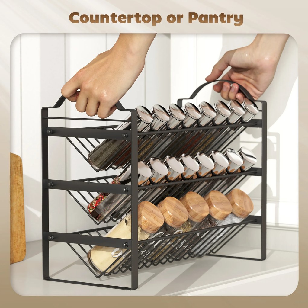 HOMCOM Suport pentru Condimente de Bucătărie cu 3 Nivele, Organizator Salvaspațiu cu Rafturi Înclinate din Metal, Montaj Ușor, Negru | Aosom Romania