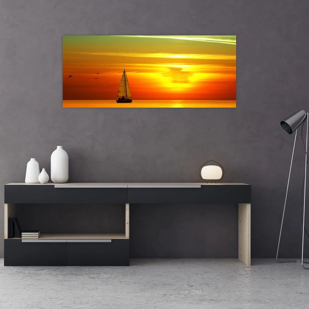 Tablou cu apus de soare și iaht (120x50 cm)