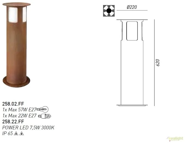 Stalp de exterior modern inaltime 62cm cu protectie IP65, Porto 258.02.FF