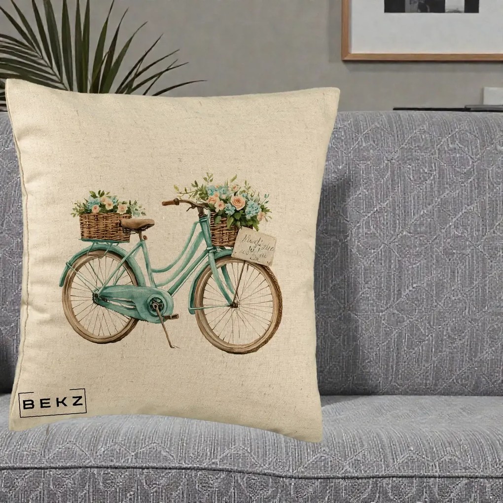 Perna Decorativa Bicicleta Teal cu Cosuri Duble de Flori Vintage, 40x40 cm, Bej, Husa Detasabila, Perna Inclusa, BEKZ®