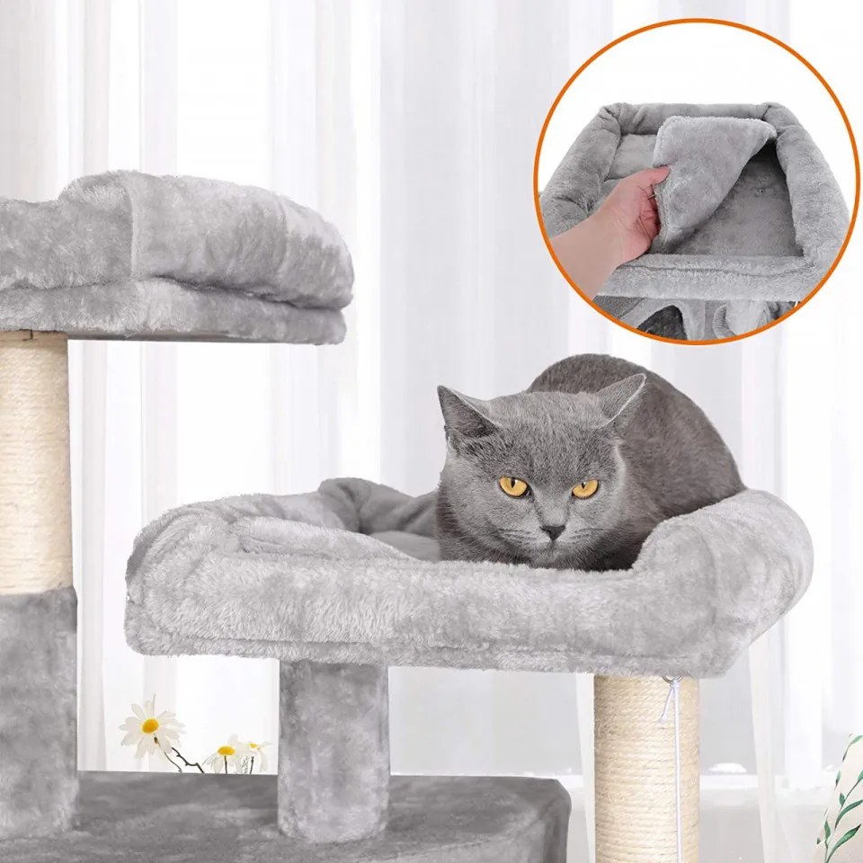 Ansamblu pentru pisici cu 3 casute, plush / sisal, gri, Feandrea