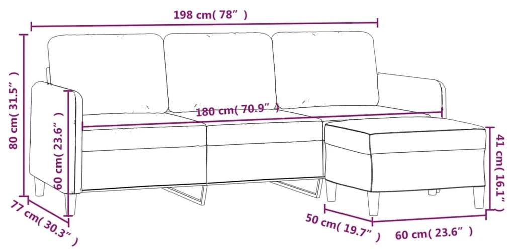 Canapea cu 3 locuri si taburet, gri deschis, 180 cm, catifea Gri deschis, 198 x 77 x 80 cm
