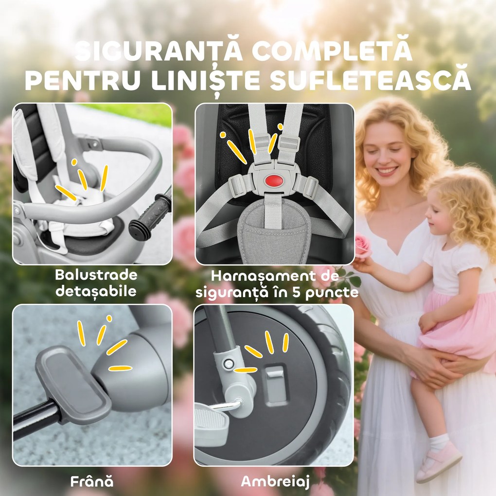 AIYAPLAY Tricicletă Copii 6 în 1, Cărucior și Bicicletă, 1-5 Ani, Max. 25 kg, Pliabilă cu Scaun Rotativ, Copertină, Gri | Aosom Romania