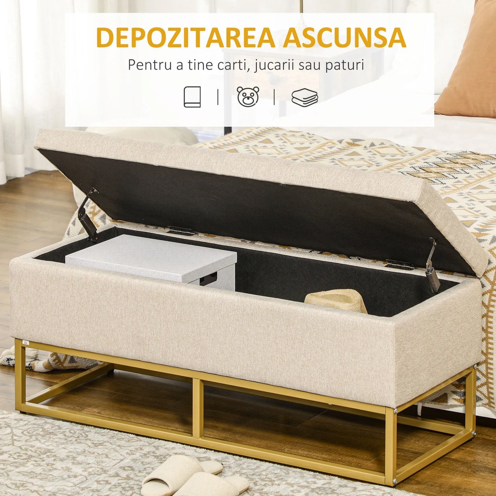 HOMCOM Bancă de Depozitare cu Șezut, Bancă Tapițată Dreptunghiulară, Taburet din Stofă de In cu Picioare de Oțel, 110x44x48 cm, Bej | Aosom Romania