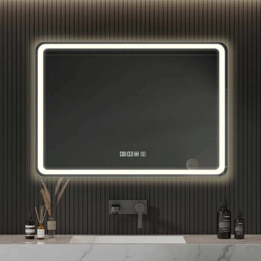 Oglindă baie, Multifuncțională, Iluminare LED Touch, Sistem Dezaburire, Ceas electronic încorporat, Indicator Temperatura, 100x70 cm
