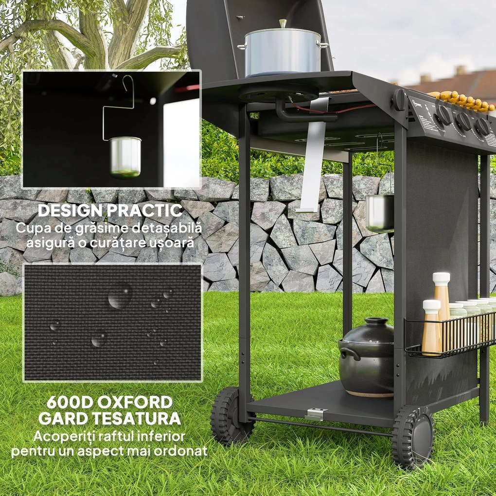 Outsunny Grătar pe Gaz cu Capac, Termometru, Masă Laterală și Tavă pentru Colectarea Grăsimii, 108x54x97 cm, Negru | Aosom Romania