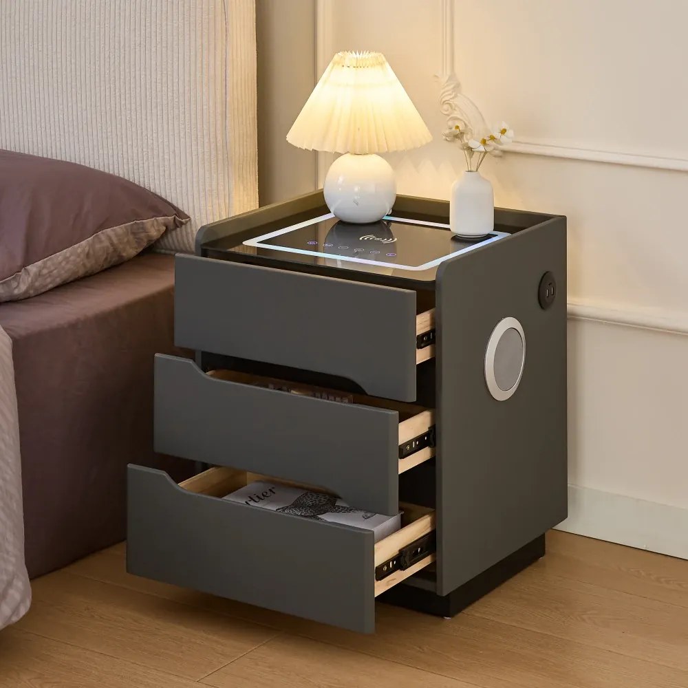 ALVÉA — Noptieră inteligentă cu încărcare Wireless, Bluetooth Stereo, iluminare RGB, USB + Type-C, Gri