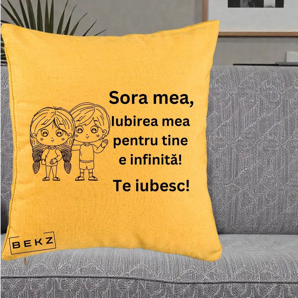 Cadou pentru Sora - Perna Personalizata Sora Mea Te Iubesc Copii Anime Line Art, 40x40 cm, Galben, Husa Detasabila, Perna Inclusa, BEKZ®