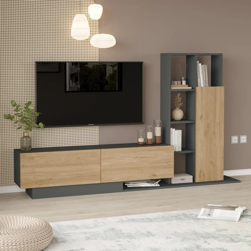 Set mobilier living Damon, Pako World, Natural-Antracit, 140x29x39 cm