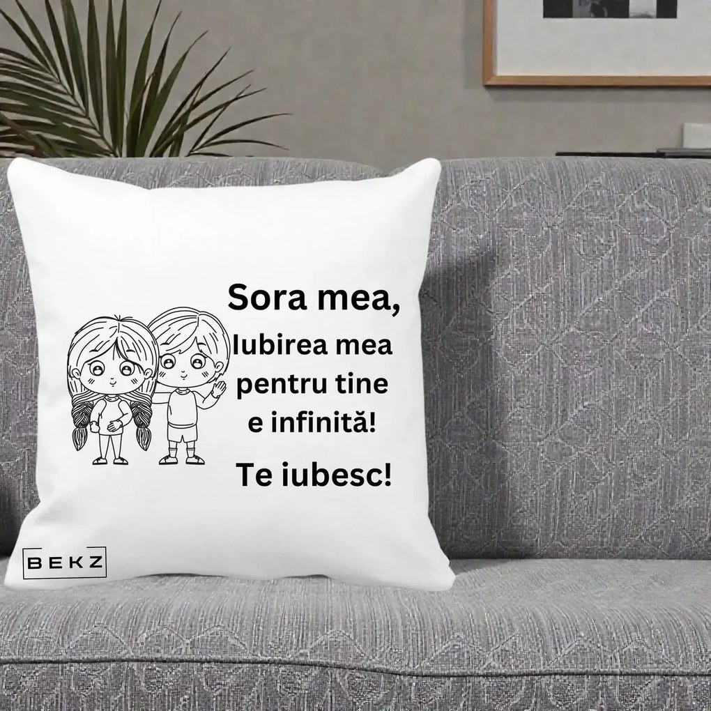 Cadou pentru Sora - Perna Personalizata Sora Mea Te Iubesc Copii Anime Line Art, 40x40 cm, Alba Mata, Husa Detasabila, Perna Inclusa, BEKZ®