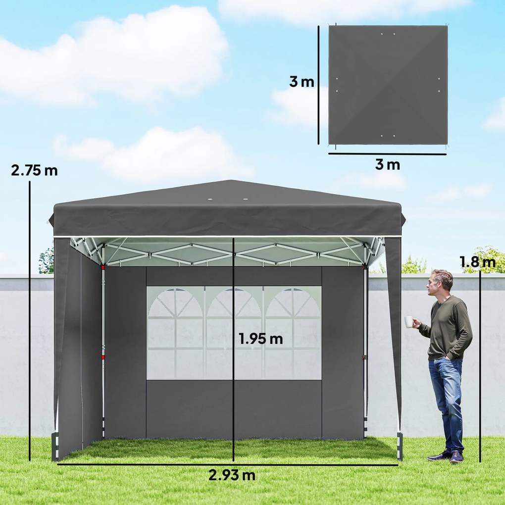 Outsunny Pavilon de grădină exterior 3x3 m, pavilon pliant cu panouri laterale, protecție UV 50+, sac de transport, gri | Aosom Romania