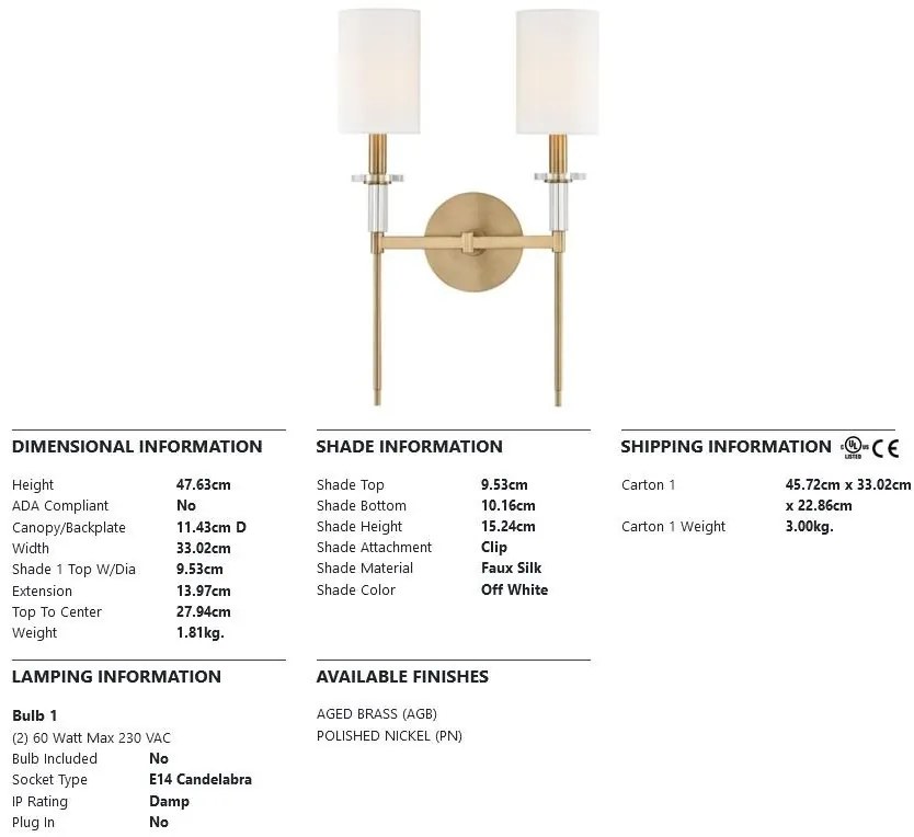 Aplica de perete design clasic AMHERST alama antichizata, cu 2 surse de lumina