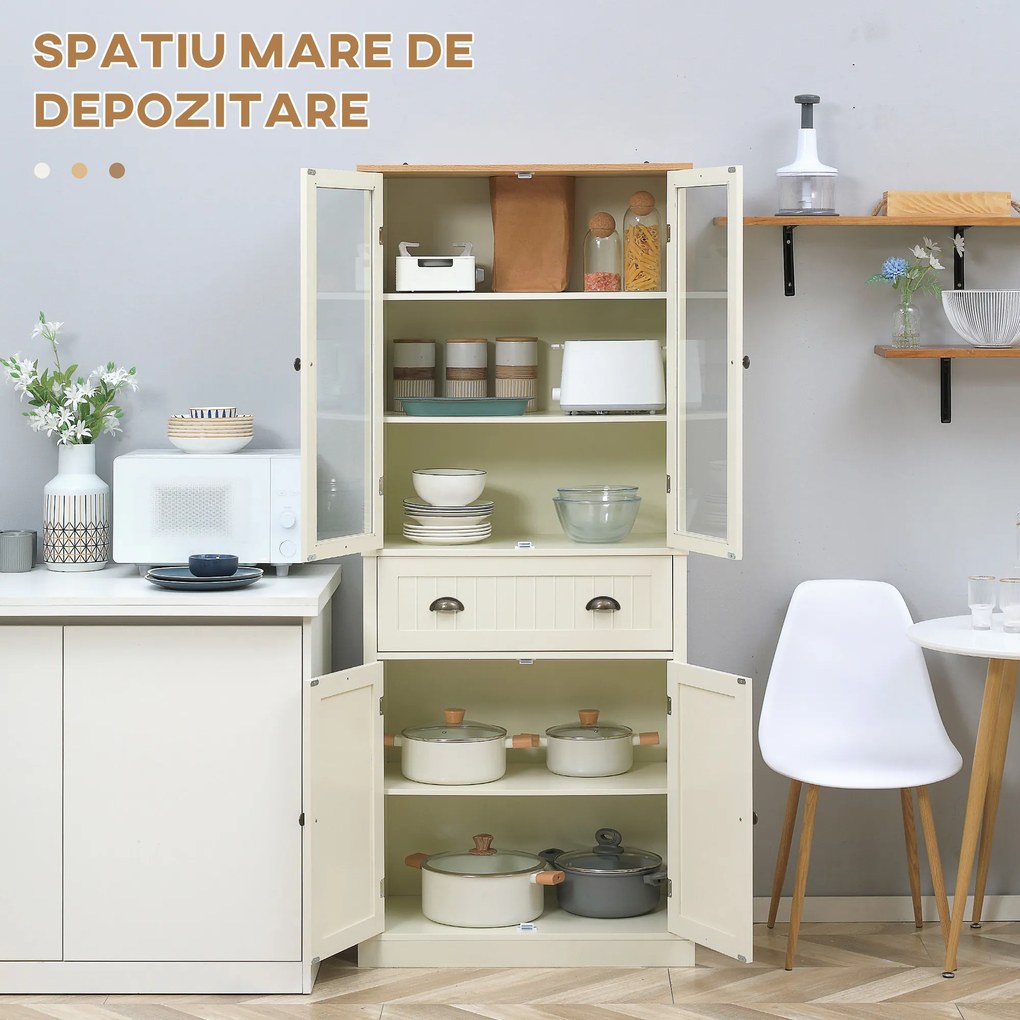 Bufet Independent HOMCOM pentru Bucatarie, Dulap Depozitare 5 Nivele cu Rafturi Sertar, Design Modern, Alb-Crem | Aosom Romania