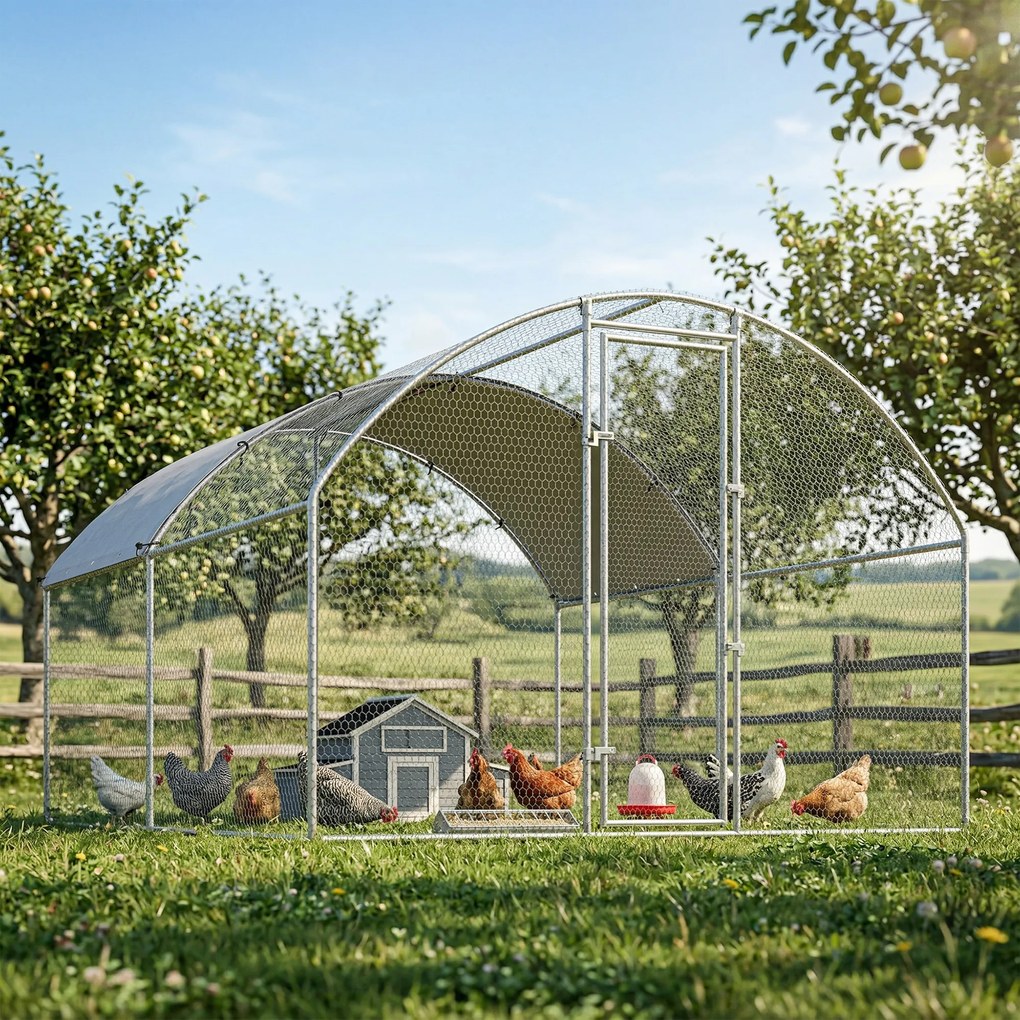 PawHut Țarc pentru Găini de Exterior, 2.8x3.4x1.9m, 9.5㎡ Țarc Metalic din Oțel Galvanizat cu Acoperiș Impermeabil Anti-UV și Încuietoare, Coteț pentru 10-16 Găini, Iepuri și Rațe | Aosom Romania
