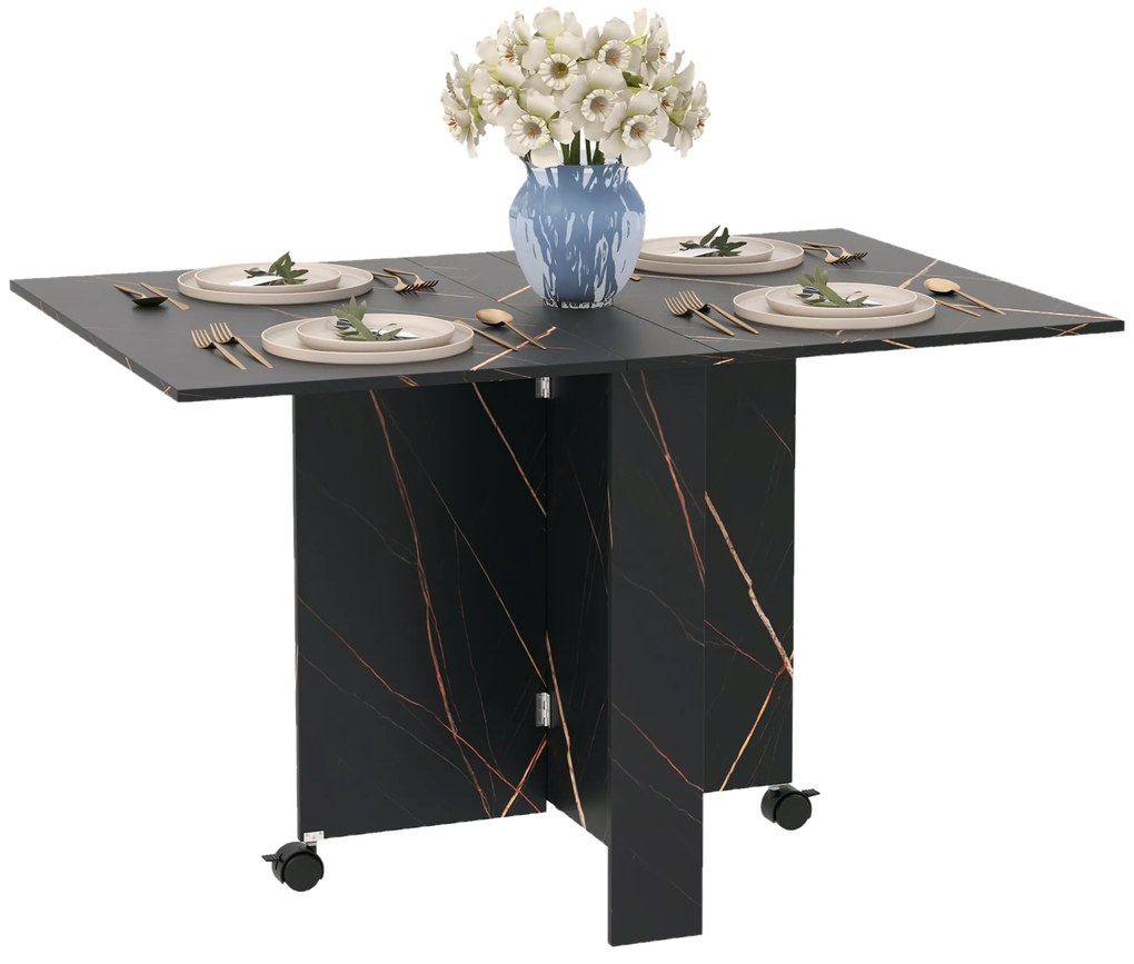 HOMCOM Masă pliabilă de bucătărie masă de dining pliabilă cu 2 aripi 2 roti cu frâne 120 x 80 x 73 cm negru marmorat imitație | Aosom Romania