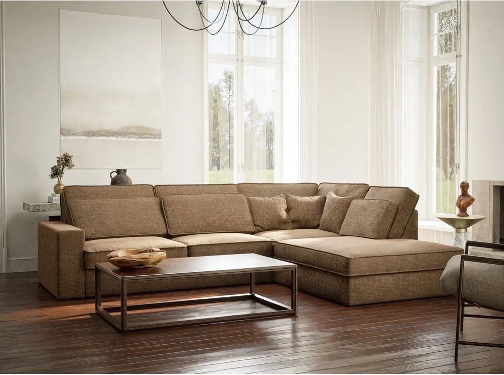 Colțar maro deschis cu tapițerie din chenille (cu colț pe partea dreaptă/în formă de ”L”) Kirou – Maison de Rêve