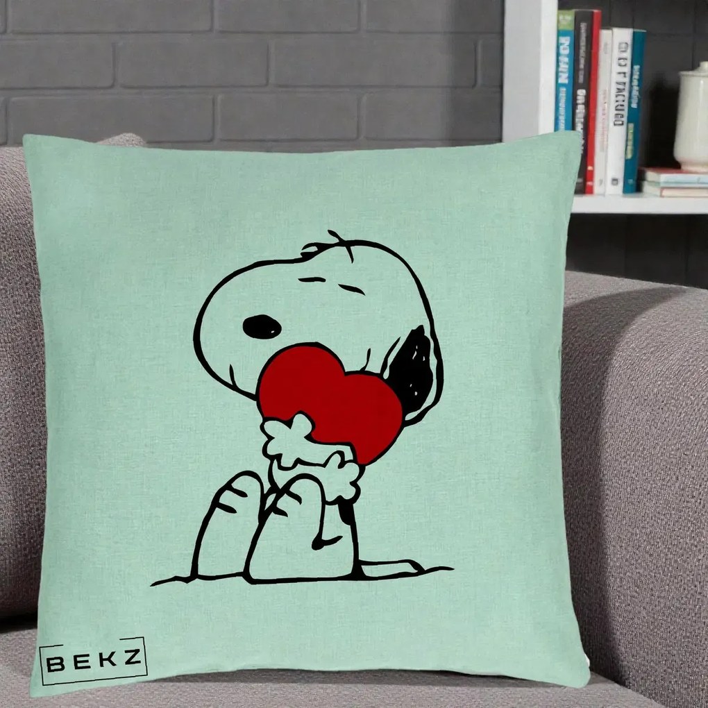 Perna Personalizata Snoopy cu Inima, 40x40 cm, Verde Menta, Husa Detasabila, Perna Inclusa, BEKZ®