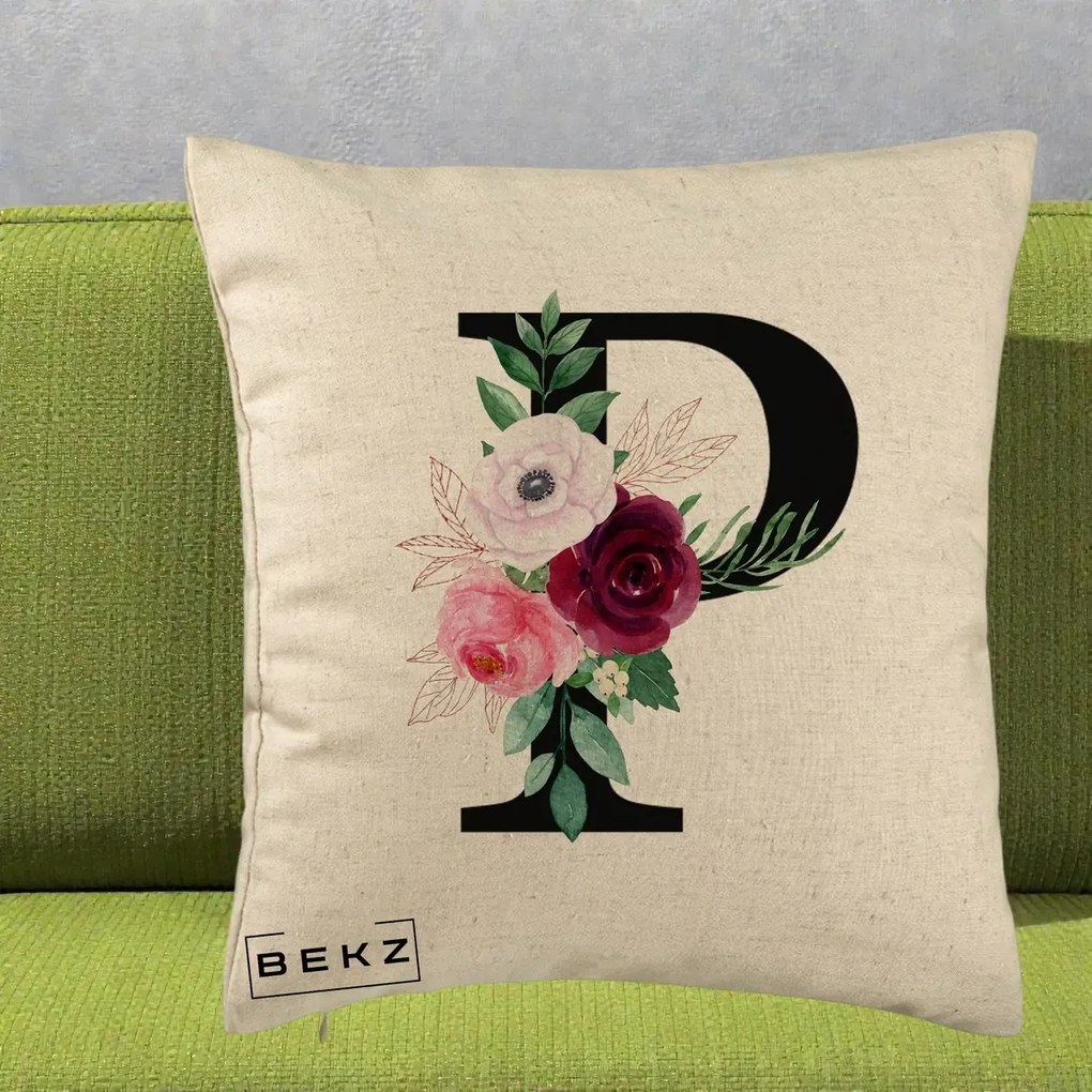 Cadou Personalizat - Perna Personalizata Monograma Florala Litera P, 40x40 cm, Bej, Husa Detasabila, Perna Inclusa, BEKZ®