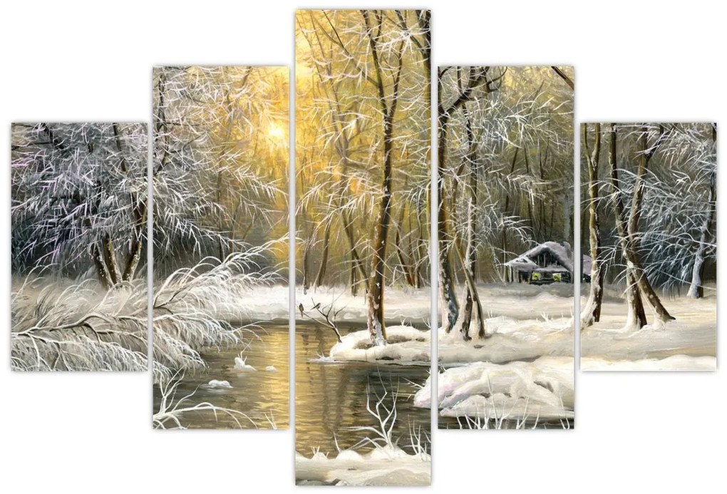 Tablou - Cabană în pădure, pictură în uei (150x105 cm)