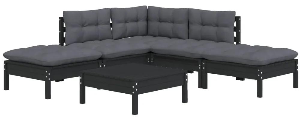 Set mobilier gradina cu perne, 6 piese, negru, lemn de pin Negru, 6