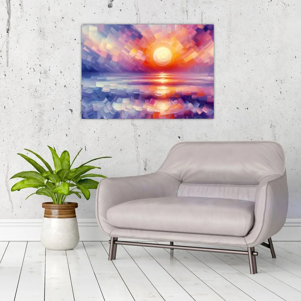 Tablou pe sticlă - Apus de soare artistic colorat (70x50 cm)