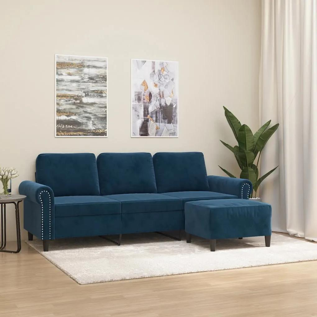 Canapea cu 3 locuri si taburet, albastru, 180 cm, catifea Albastru, 212 x 77 x 80 cm