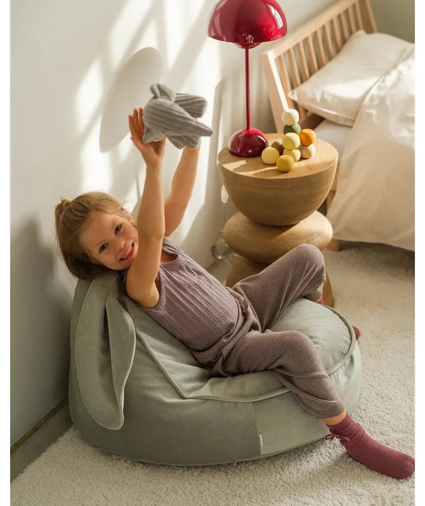 Fotoliu puf pentru copii verde mentă cu tapițerie din catifea Bunny – Wigiwama