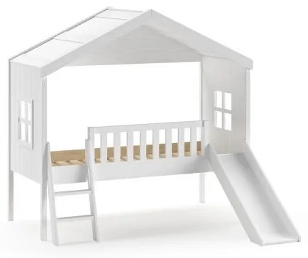 Pat Căsuță Housebed 90x200 cm cu Tobogan, pentru Copii, Alb – Vipack