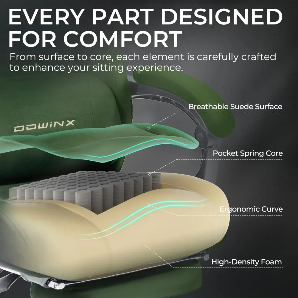 DOWINX – Scaun Gaming, Suport Lombar cu Masaj, Șezut cu Arcuri Metalice și Spumă, Rabatabil 90°-160°, Suport picioare, Rezistent 160 kg, material textil, Verde