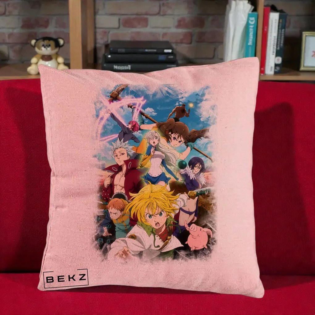 Perna Personalizata Nanatsu no Taizai Cele Sapte Pacate Mortale Anime, 40x40 cm, Roz, Husa Detasabila, Perna Inclusa, BEKZ®